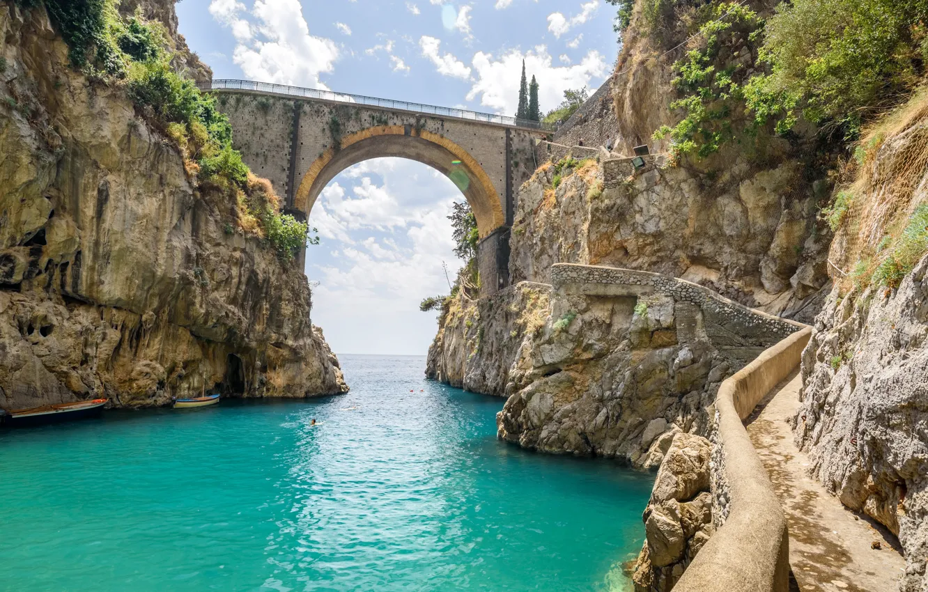 Photo wallpaper bridge, rocks, Italy, Amalfi coast, the fjord of furore