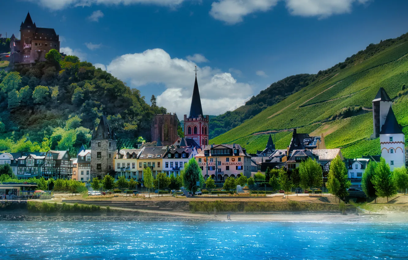 Photo wallpaper landscape, nature, the city, river, hills, home, Germany, valley