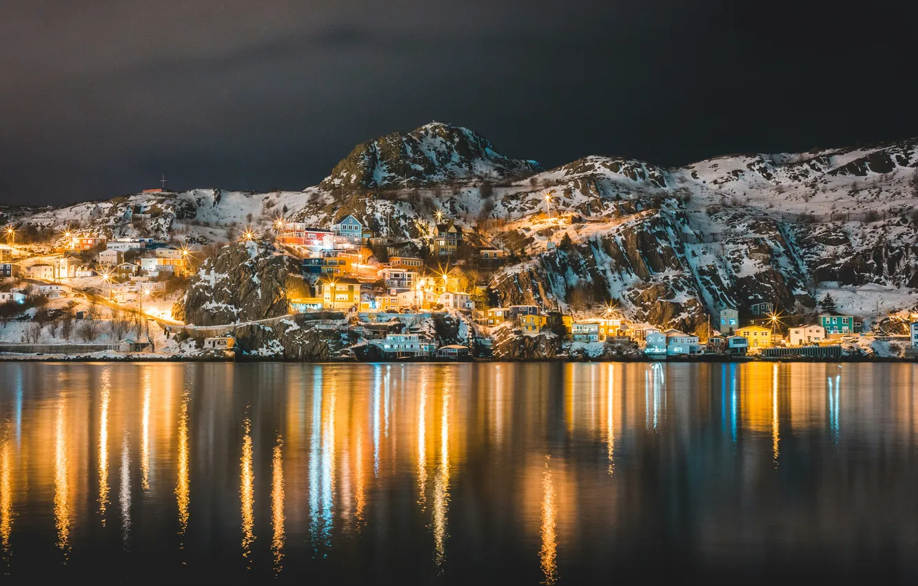 Photo wallpaper snow, mountains, the city, lights, lake