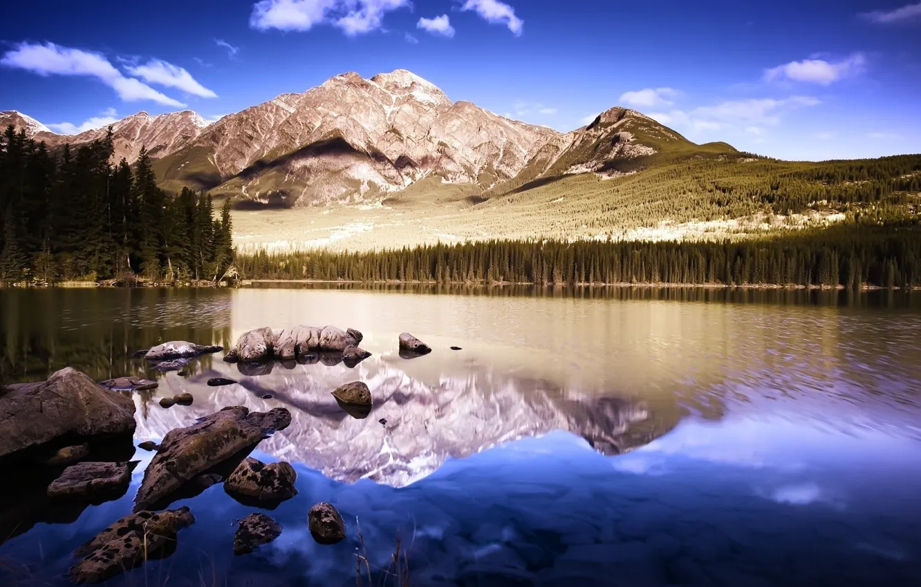 Photo wallpaper Reflection, Mountains, Lake, Forest, Stones