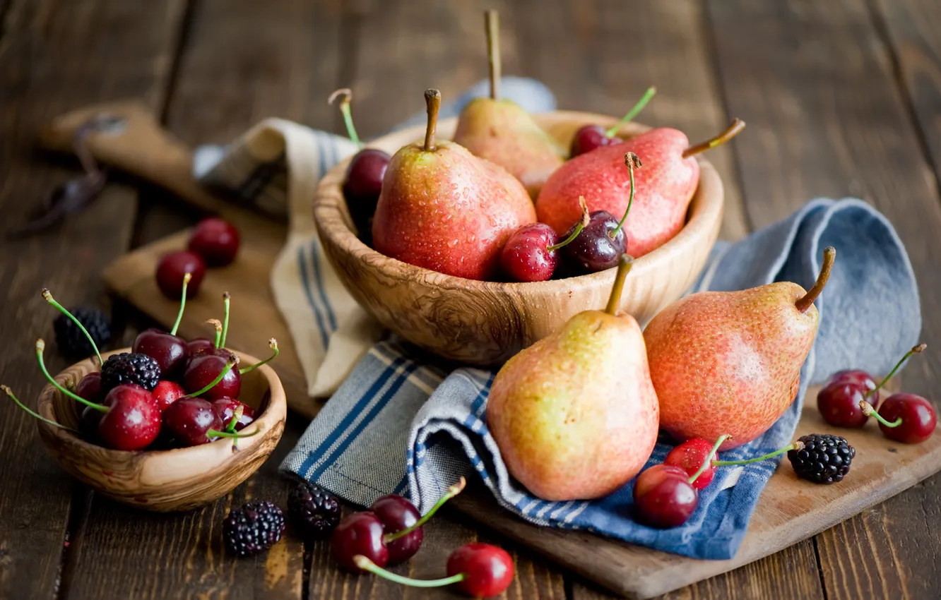 Photo wallpaper berries, dishes, fruit, pear, wooden, BlackBerry, cherry, Anna Verdina