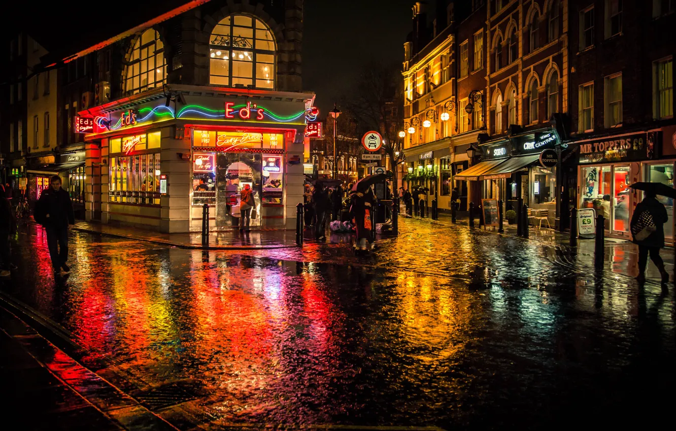 Photo wallpaper lights, colors, night, people, London, England, reflection, streets