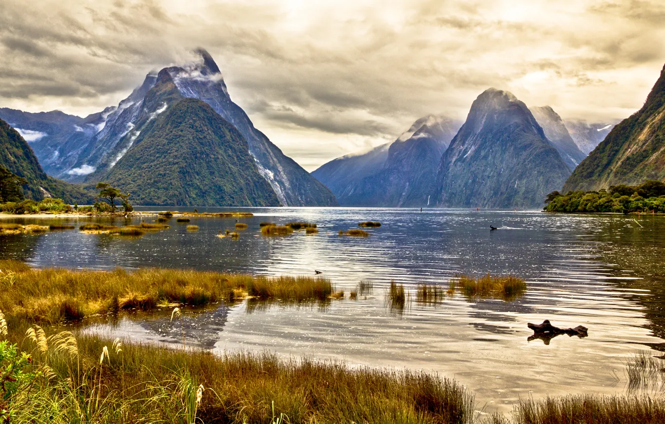 Photo wallpaper the sky, grass, clouds, mountains, lake, New Zealand, New Zealand