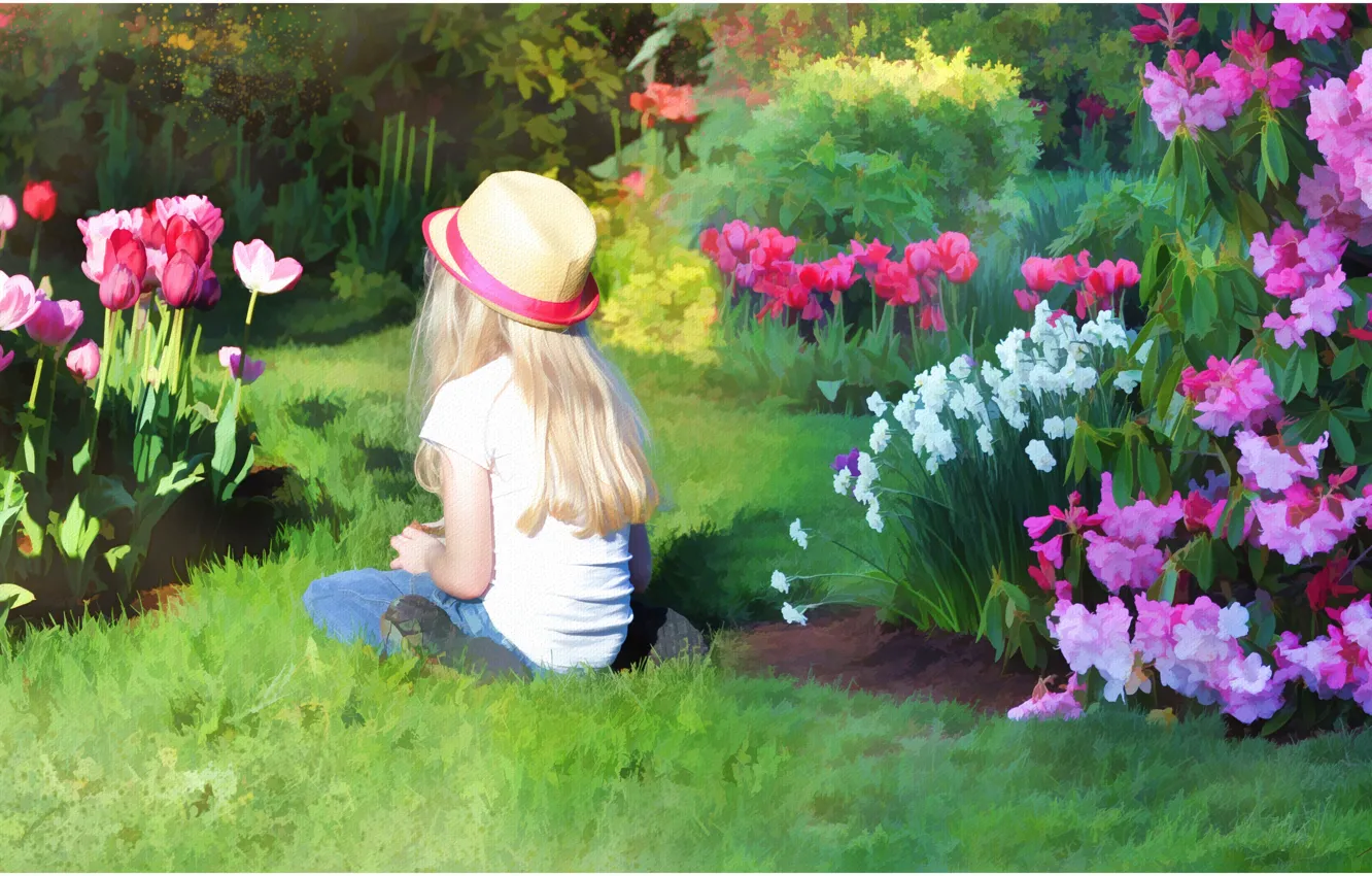 Photo wallpaper summer, flowers, figure, graphics, picture, garden, girl, hat