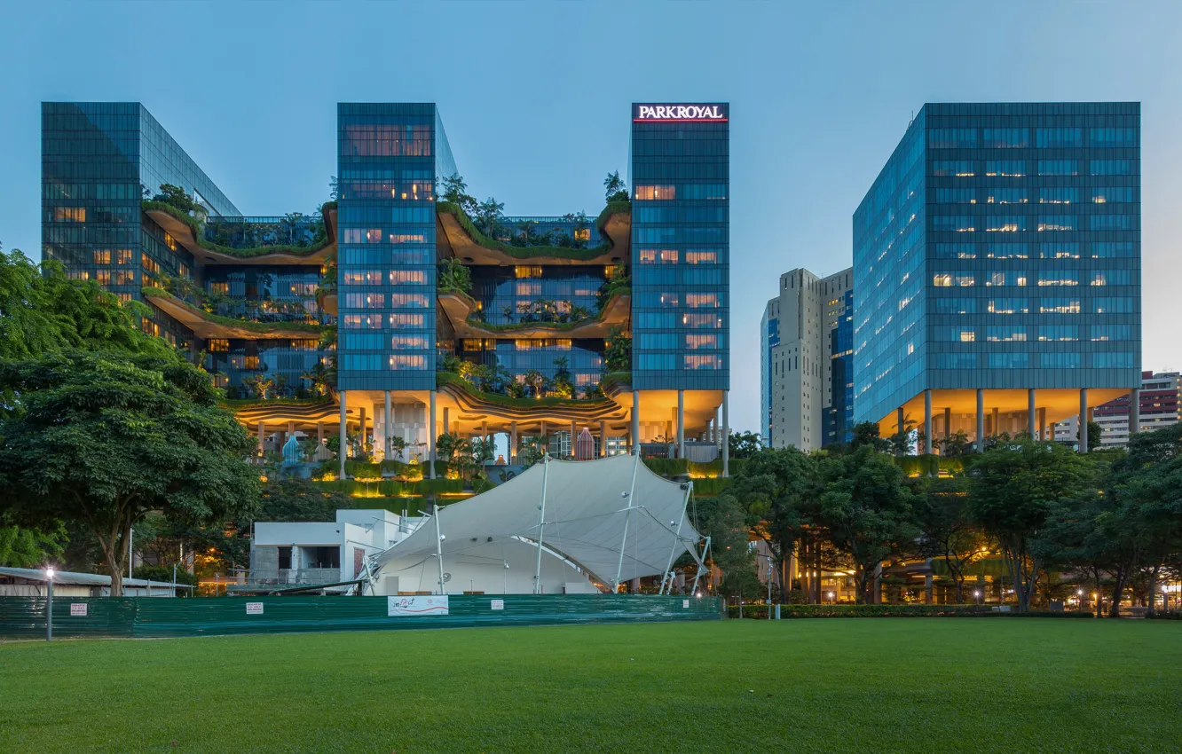 Photo wallpaper the sky, grass, trees, lights, lights, the building, the evening, garden
