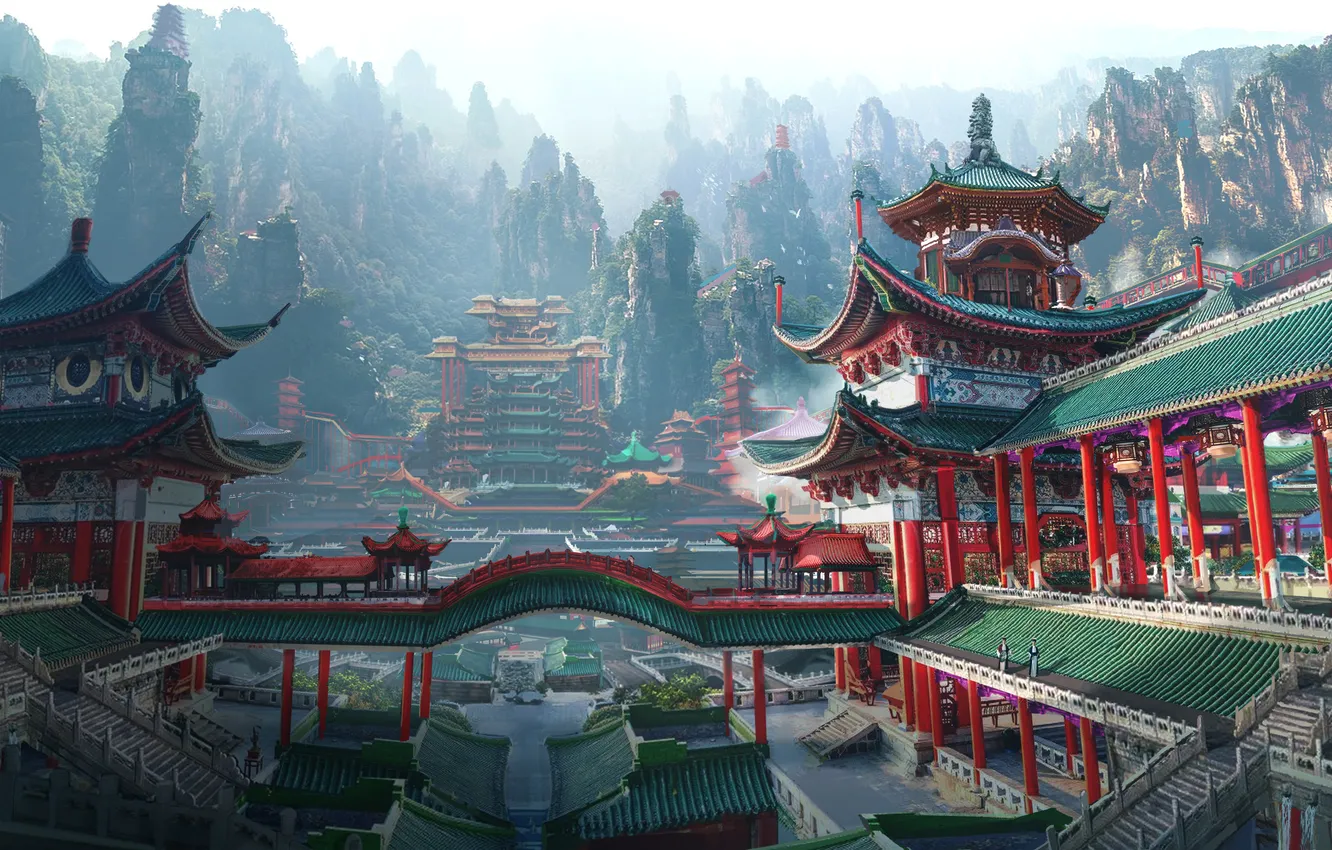 Photo wallpaper China, architecture, palace, UltraWide, AI Art