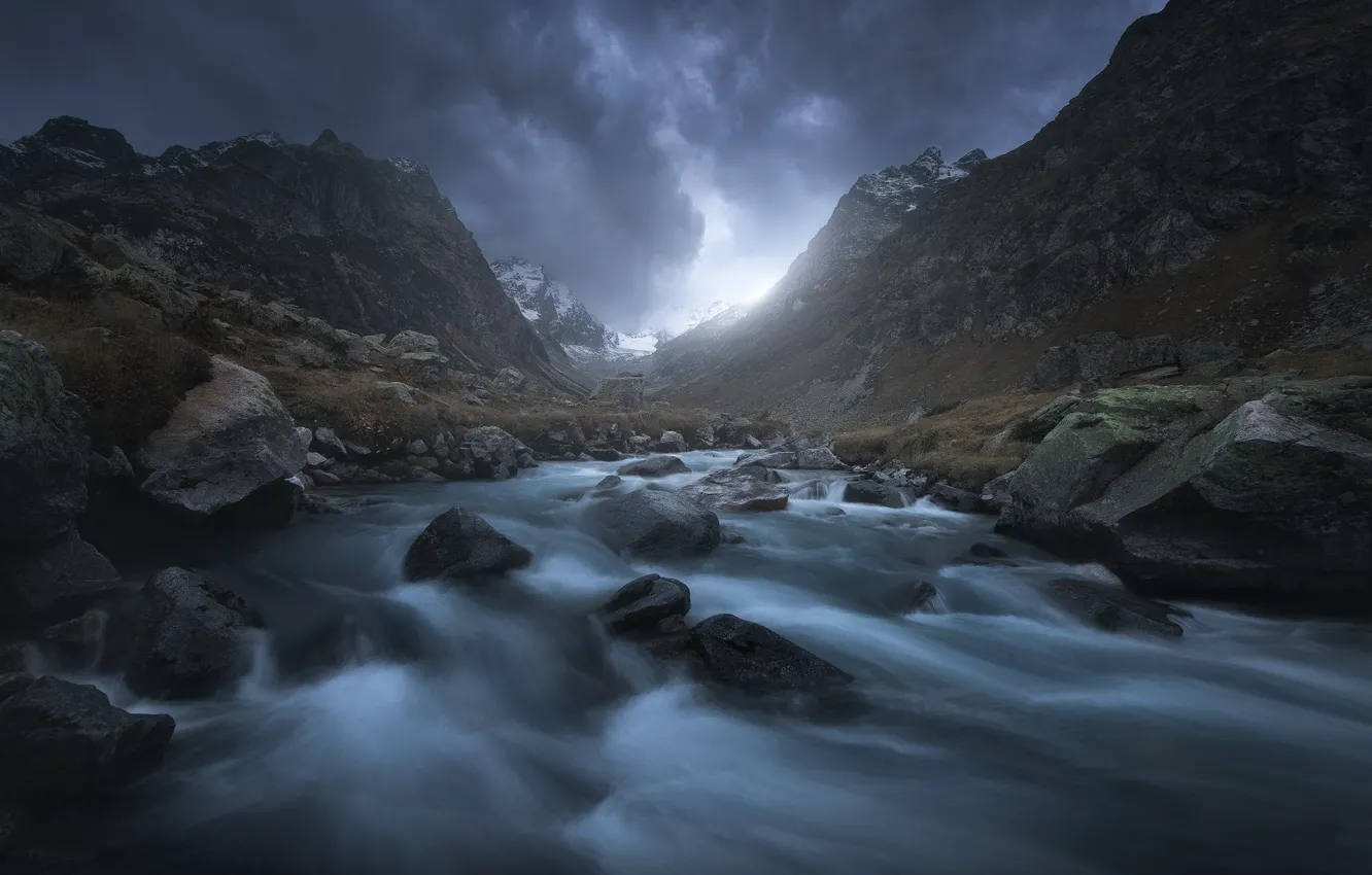 Photo wallpaper the sky, clouds, mountains, clouds, nature, river, stones, rocks