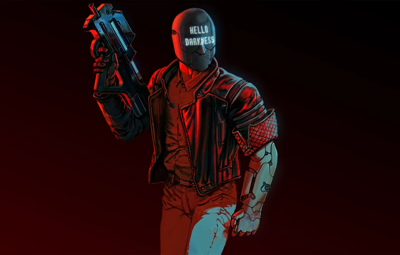 Photo wallpaper weapons, background, art, helmet, cyberpunk, character, shooter, 2017