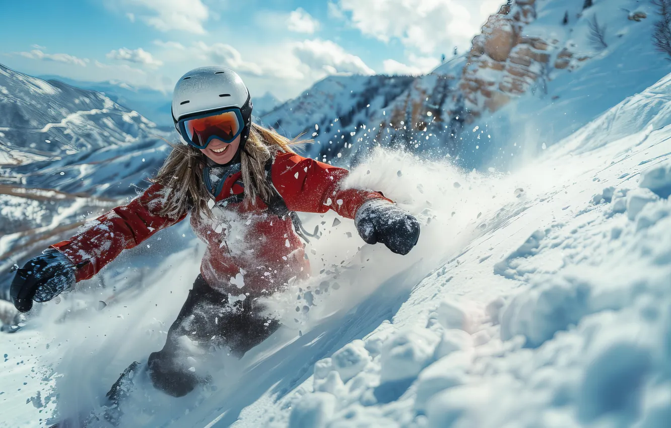 Photo wallpaper girl, mountains, snow, slope, snowboarding, sports