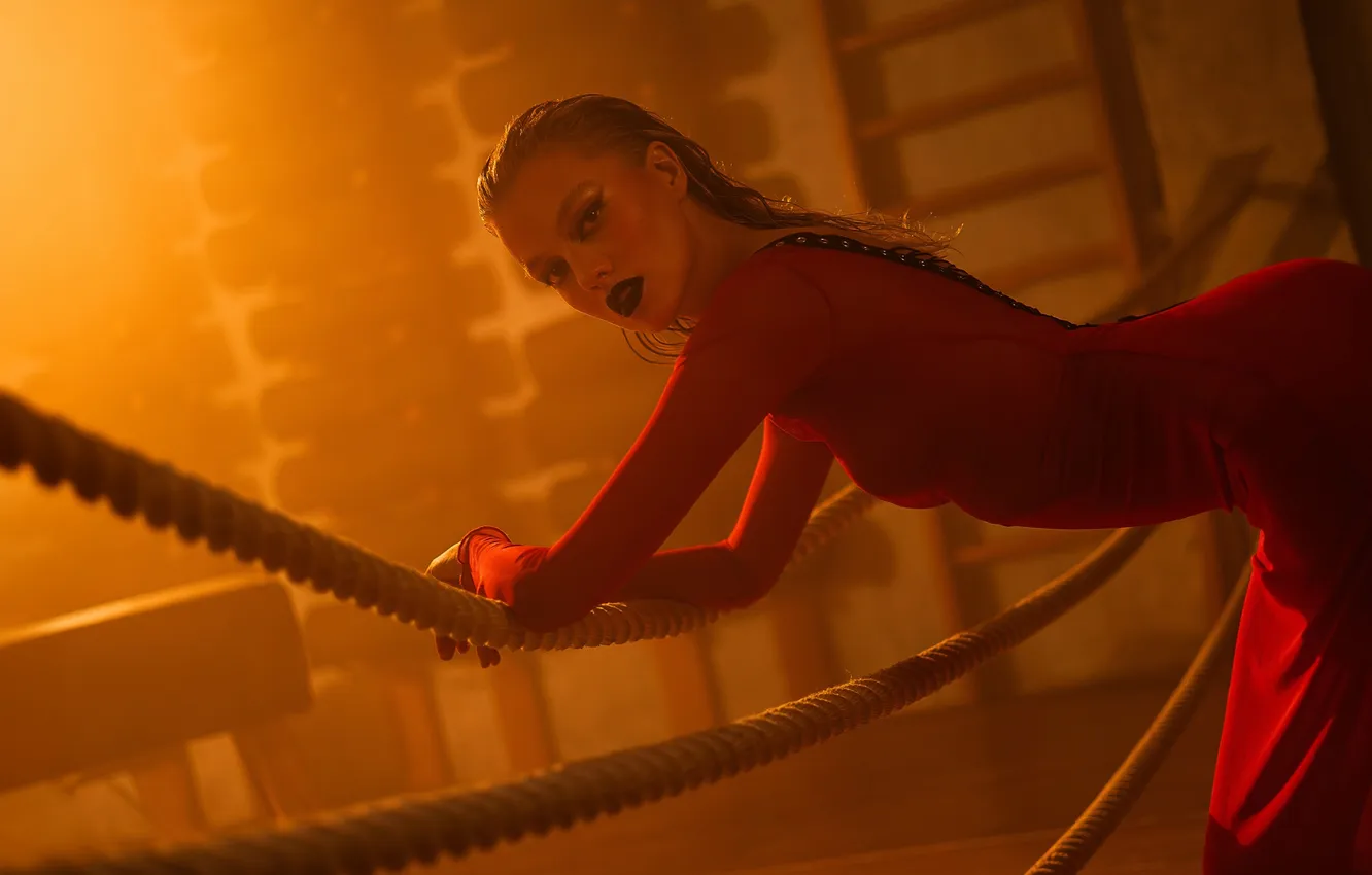 Photo wallpaper look, girl, pose, figure, rope, red dress, Stanislav Zemlyanoy