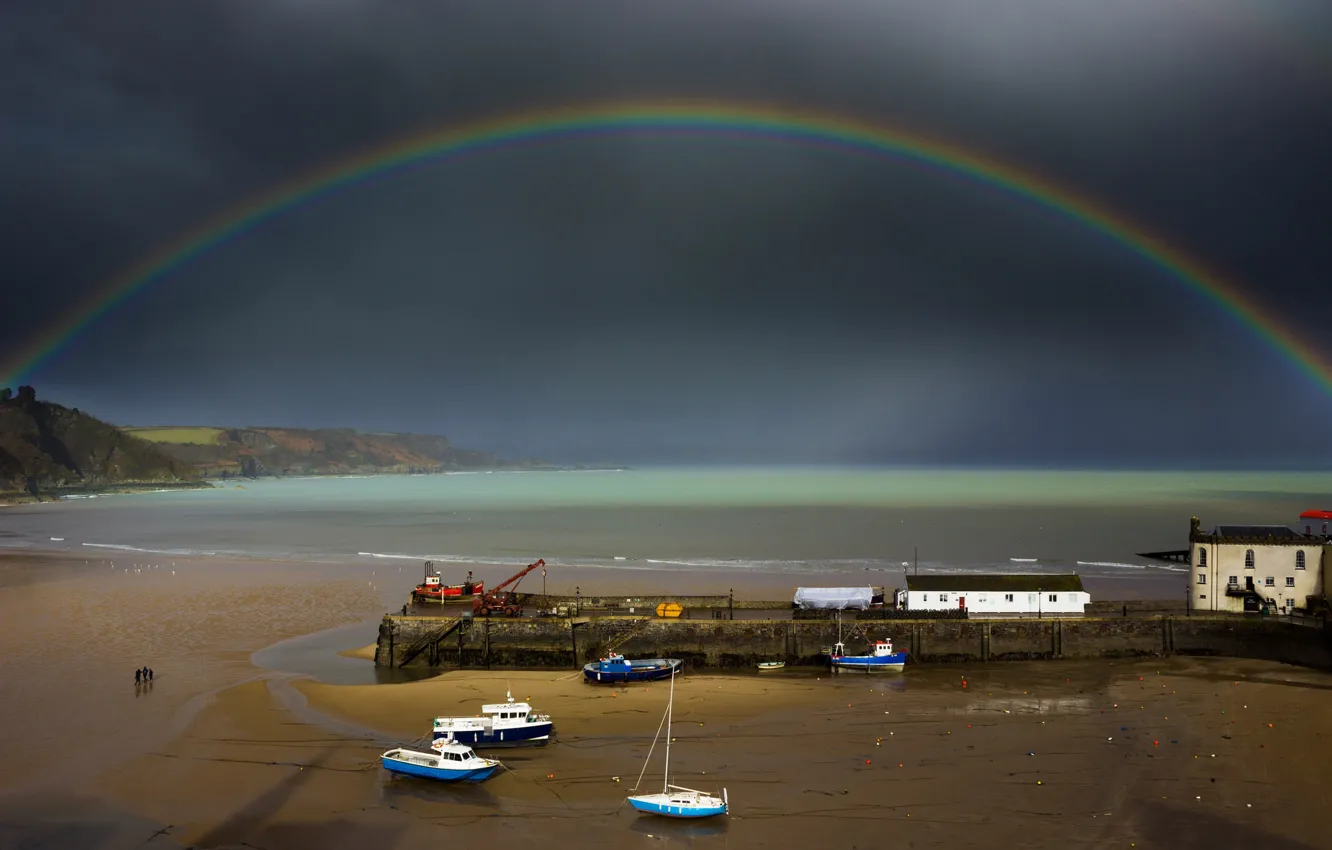 Photo wallpaper boat, rainbow, tide, harbour, Wales, Tenby