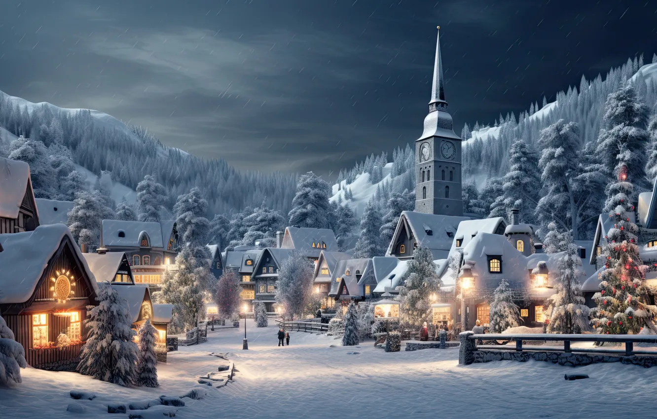 Photo wallpaper winter, snow, decoration, night, the city, lights, street, tree