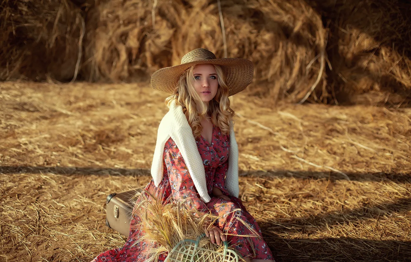 Photo wallpaper girl, hat, suitcase, ears, Anastasia Slastnikova