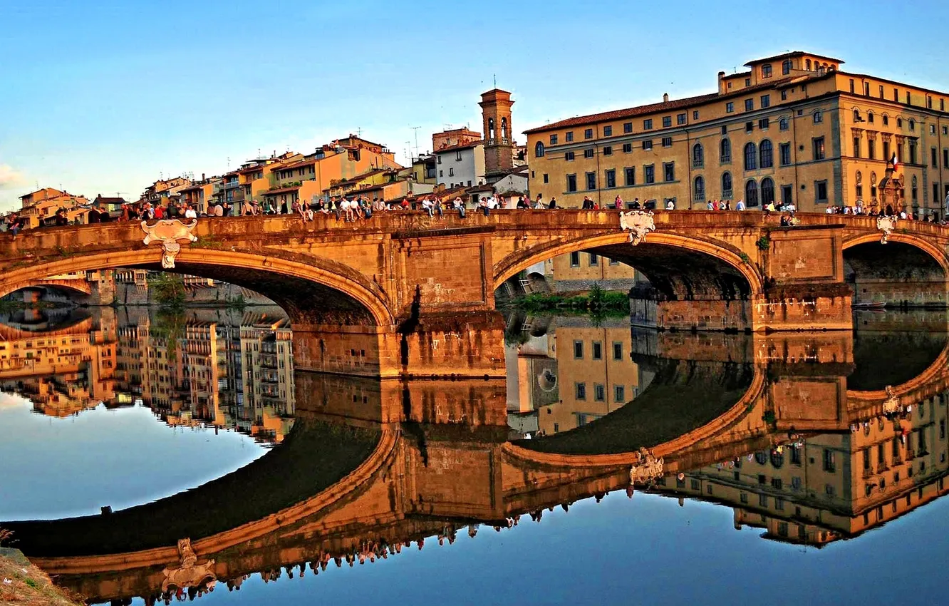 Photo wallpaper reflection, home, Italy, arch, Florence, the Arno river, the bridge of Santa trinità