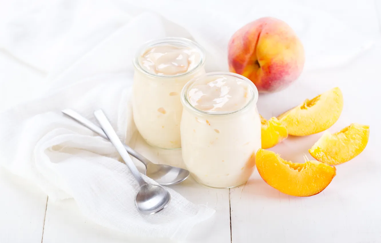 Photo wallpaper peaches, spoon, yogurt