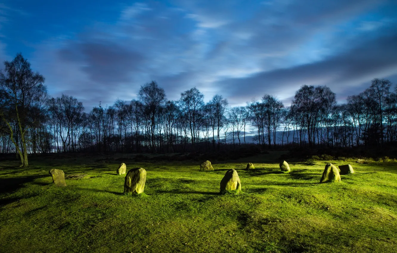 Photo wallpaper field, landscape, night, stones