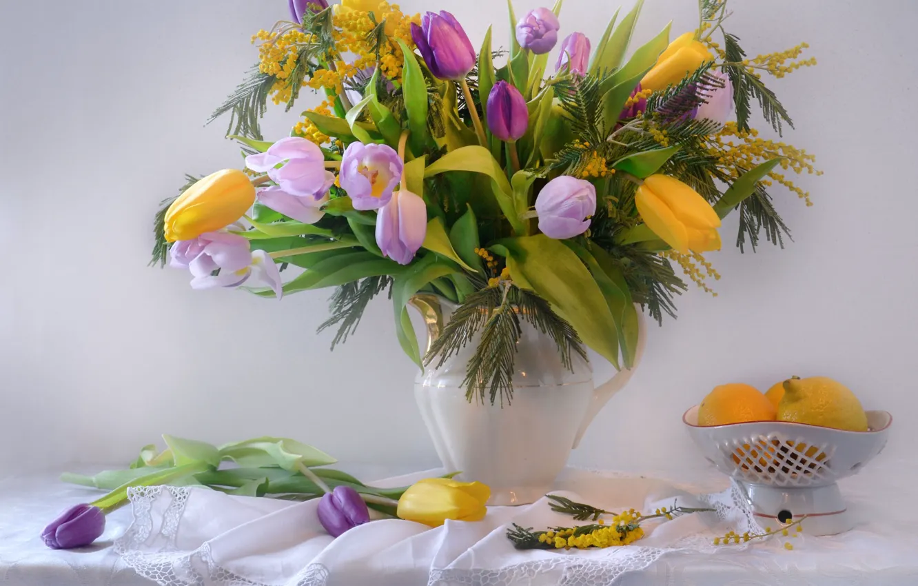 Photo wallpaper flowers, bouquet, spring, tulips, March, holiday, Mimosa, still life photo