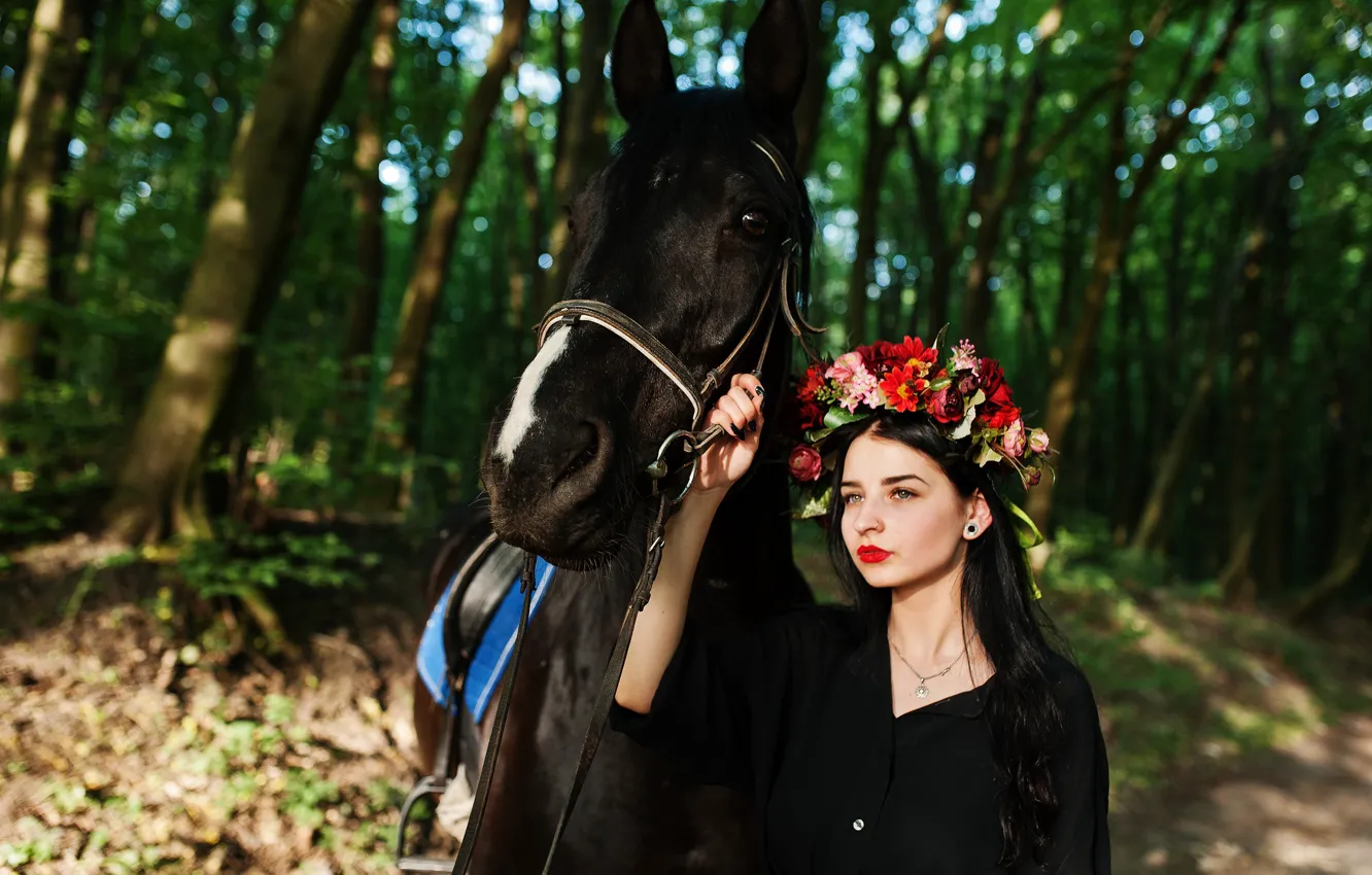 Photo wallpaper forest, look, girl, flowers, nature, horse, horse, portrait