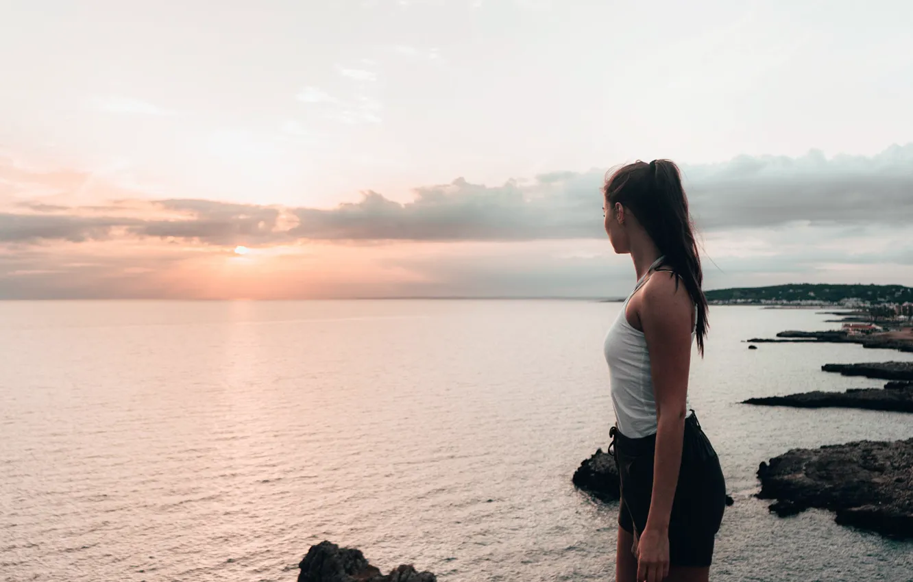 Photo wallpaper girl, looks, at sunrise