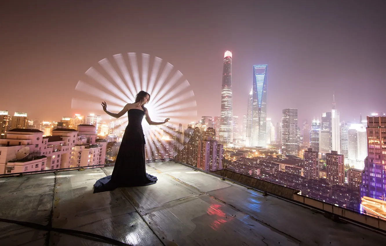 Photo wallpaper roof, girl, pose, dress, Shanghai, night city
