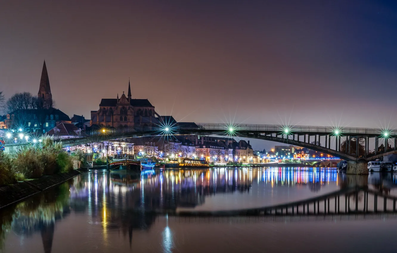 Photo wallpaper bridge, lights, river, France, the evening, Auxerre