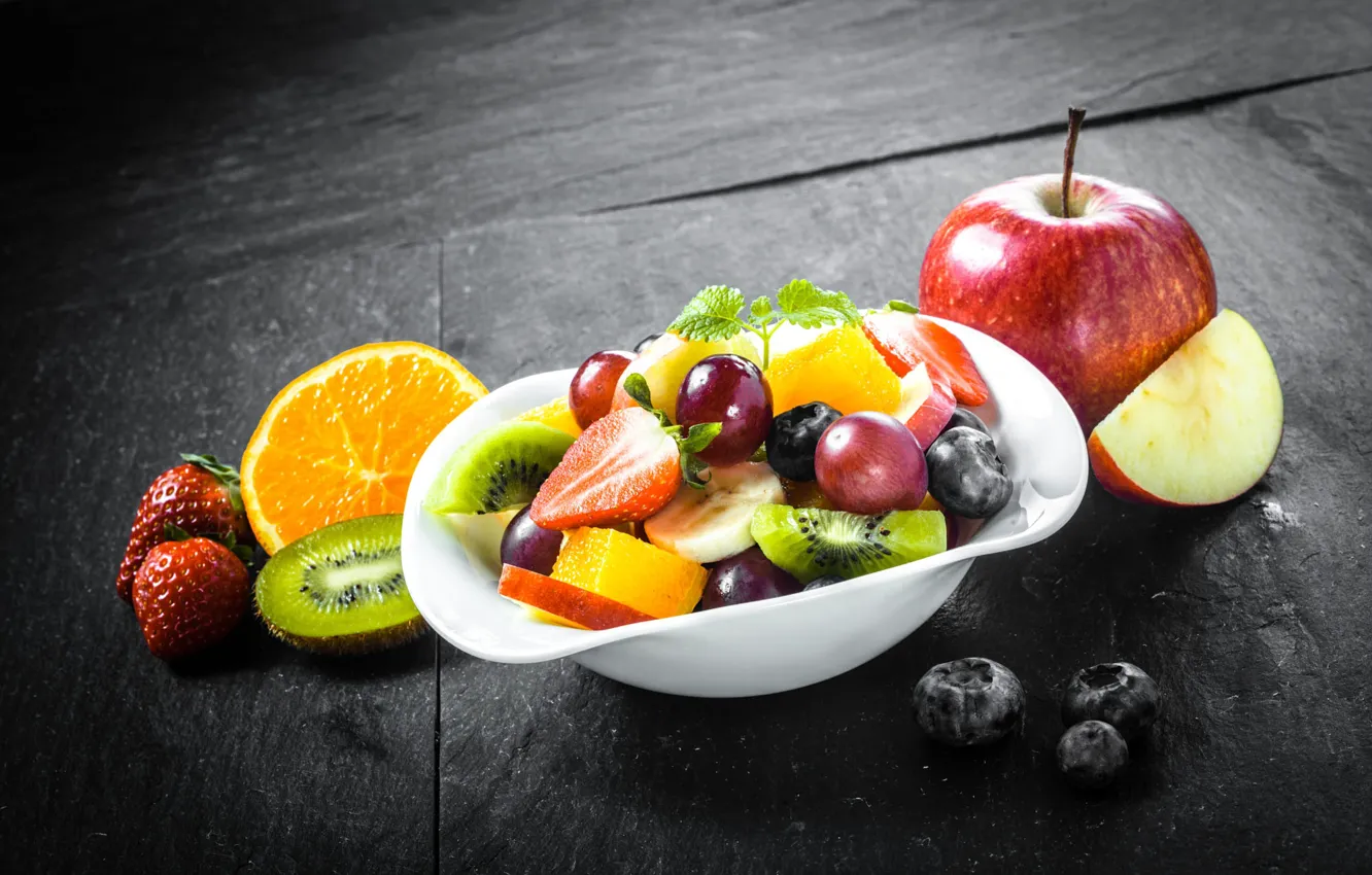 Photo wallpaper berries, apples, orange, kiwi, blueberries, strawberry, grapes, bowl