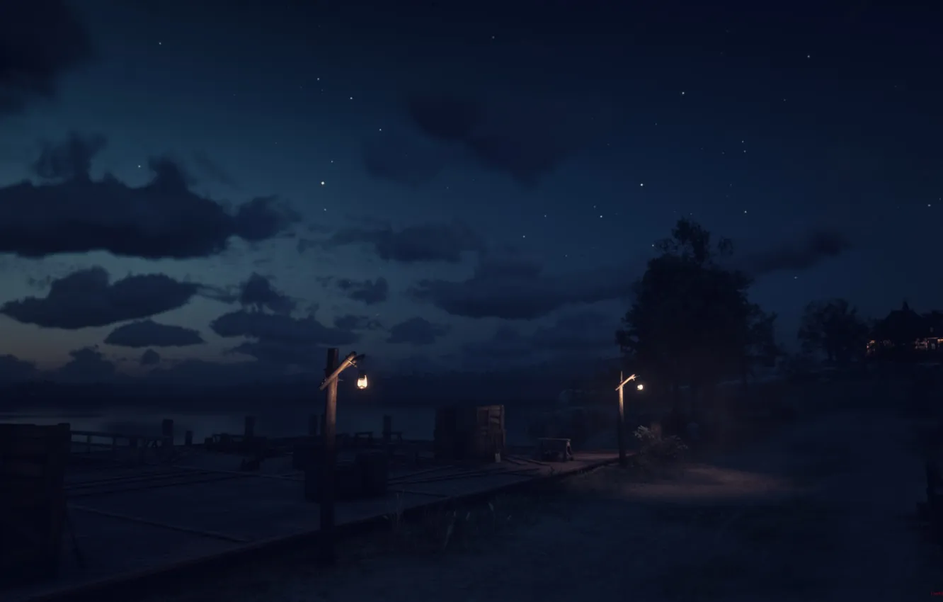 Photo wallpaper HDR, Light, Clouds, Stars, Water, Night, Game, Ocean