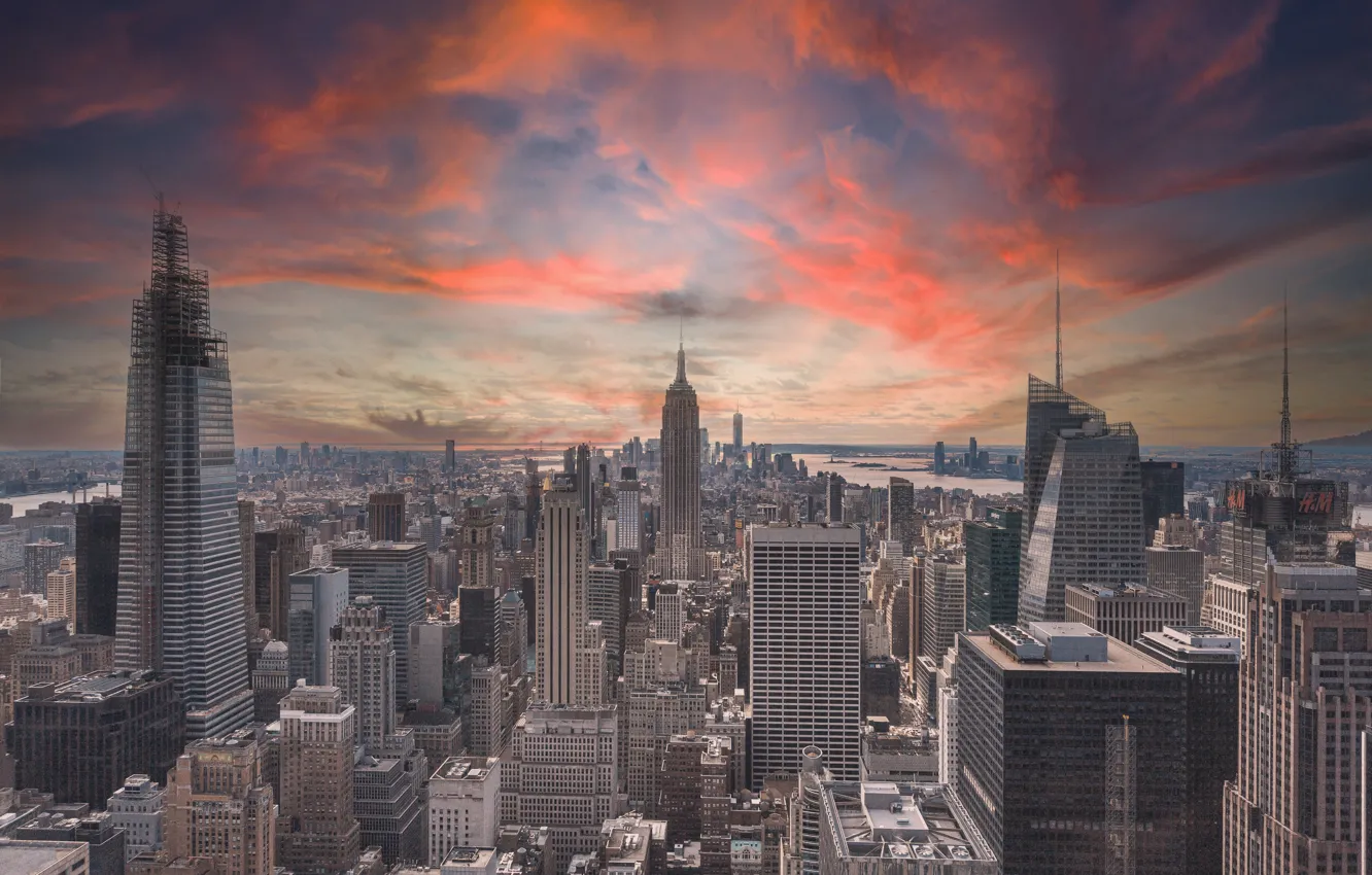 Photo wallpaper the sky, clouds, sunset, the city, view, building, tower, home
