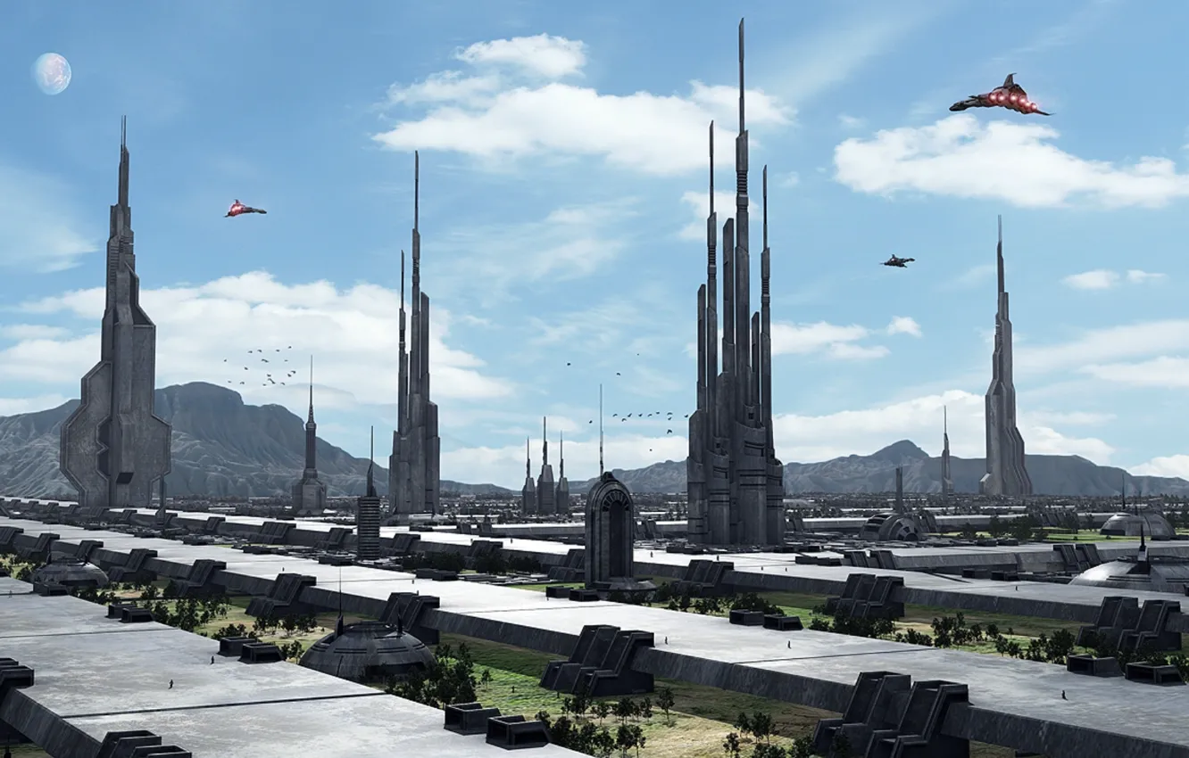 Photo wallpaper sky, mountains, clouds, spaceships, Towers, green city