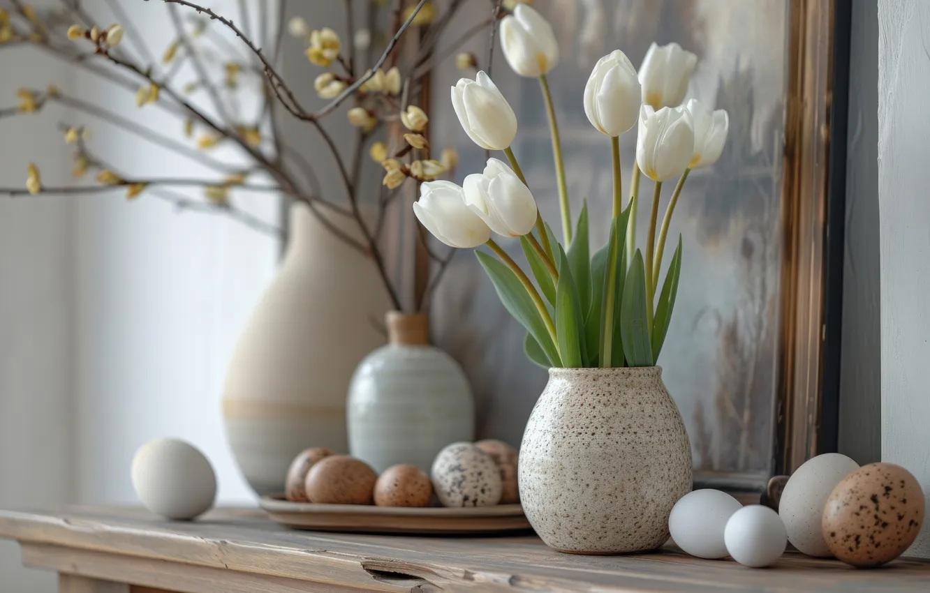 Photo wallpaper flowers, branches, holiday, eggs, bouquet, picture, spring, Easter