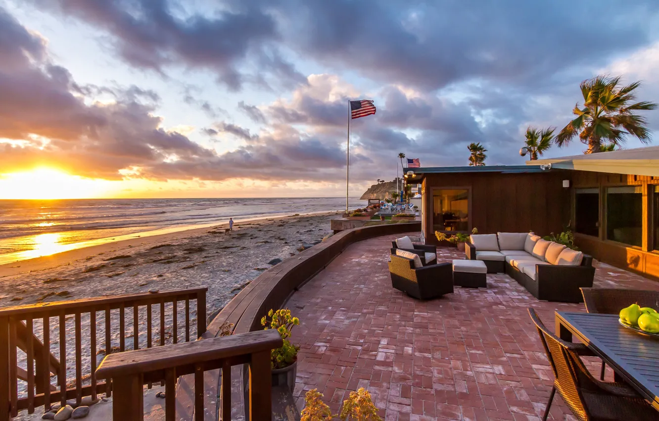 Photo wallpaper beach, palm trees, the ocean, coast, CA, Villa