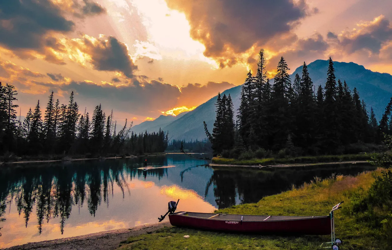 Photo wallpaper landscape, sunset, mountains, nature, river, boat, Canada, Albert