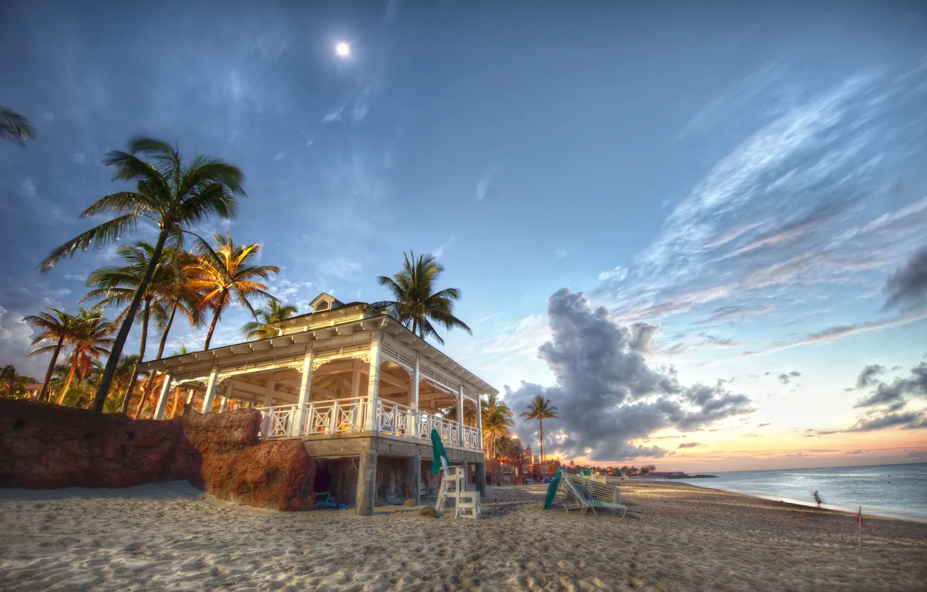 Photo wallpaper sand, sea, beach, palm trees, coast, Bahamas, pavilion, Bahamas