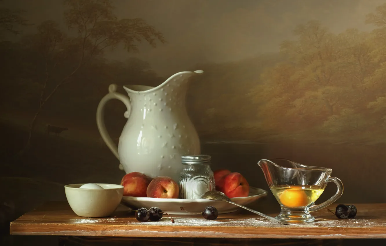 Photo wallpaper landscape, cherry, berries, table, background, eggs, dishes, bowl
