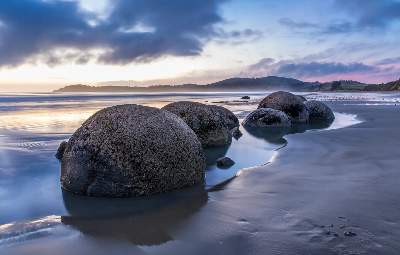 Photo wallpaper sea, beach, the sky, clouds, stones, coast, New Zealand, Waikawau Bay