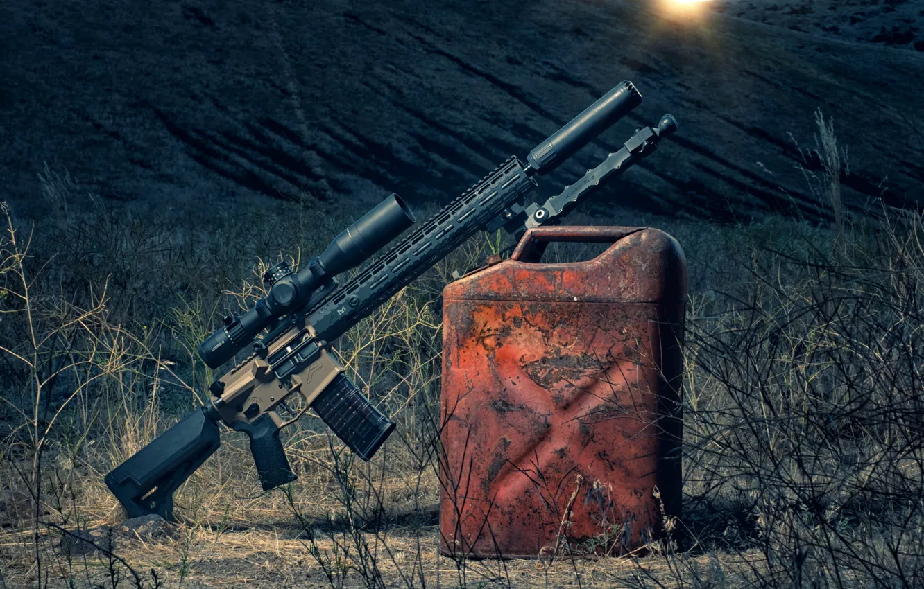 Photo wallpaper weapons, dawn, optics, canister, assault rifle