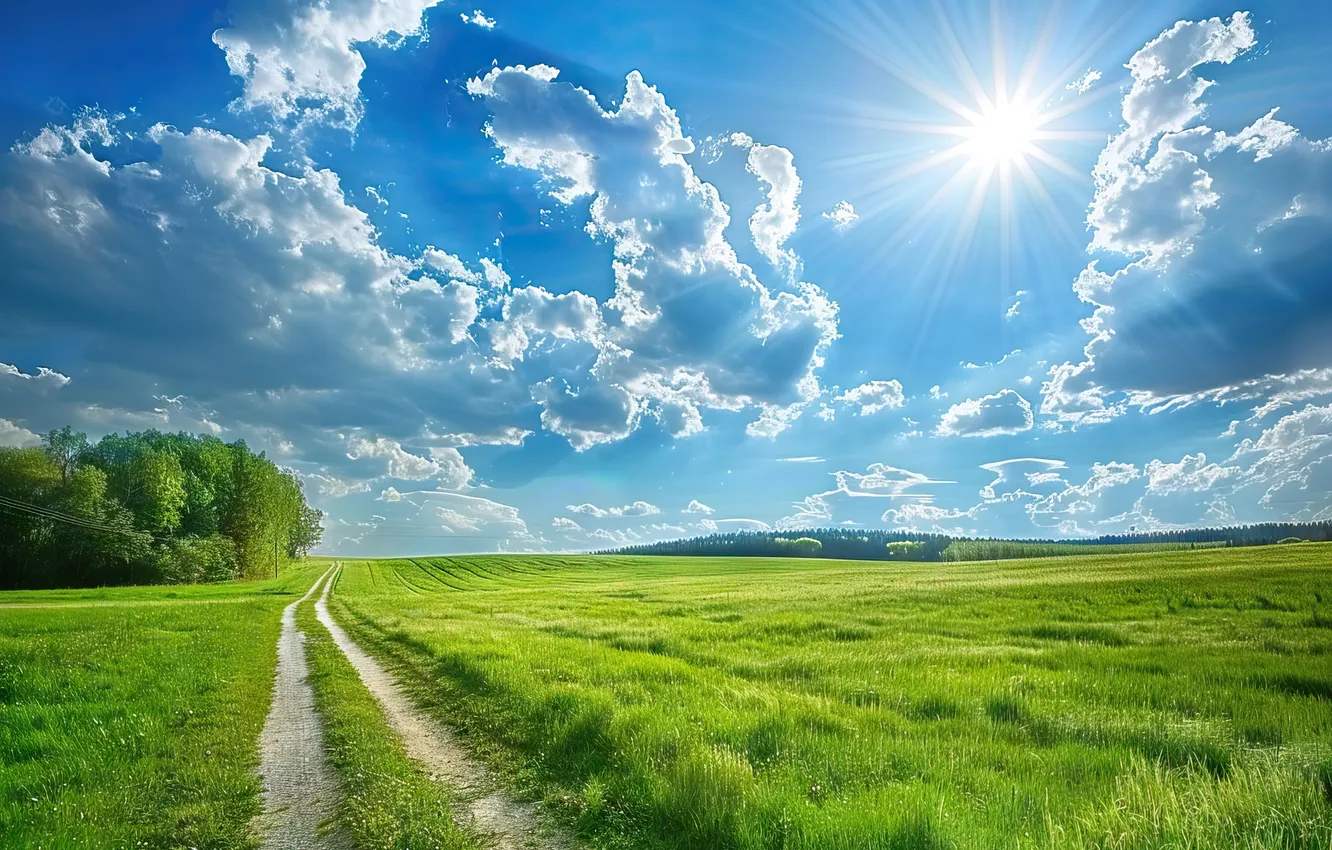 Photo wallpaper road, field, summer, the sky, grass, spring, summer, sunshine