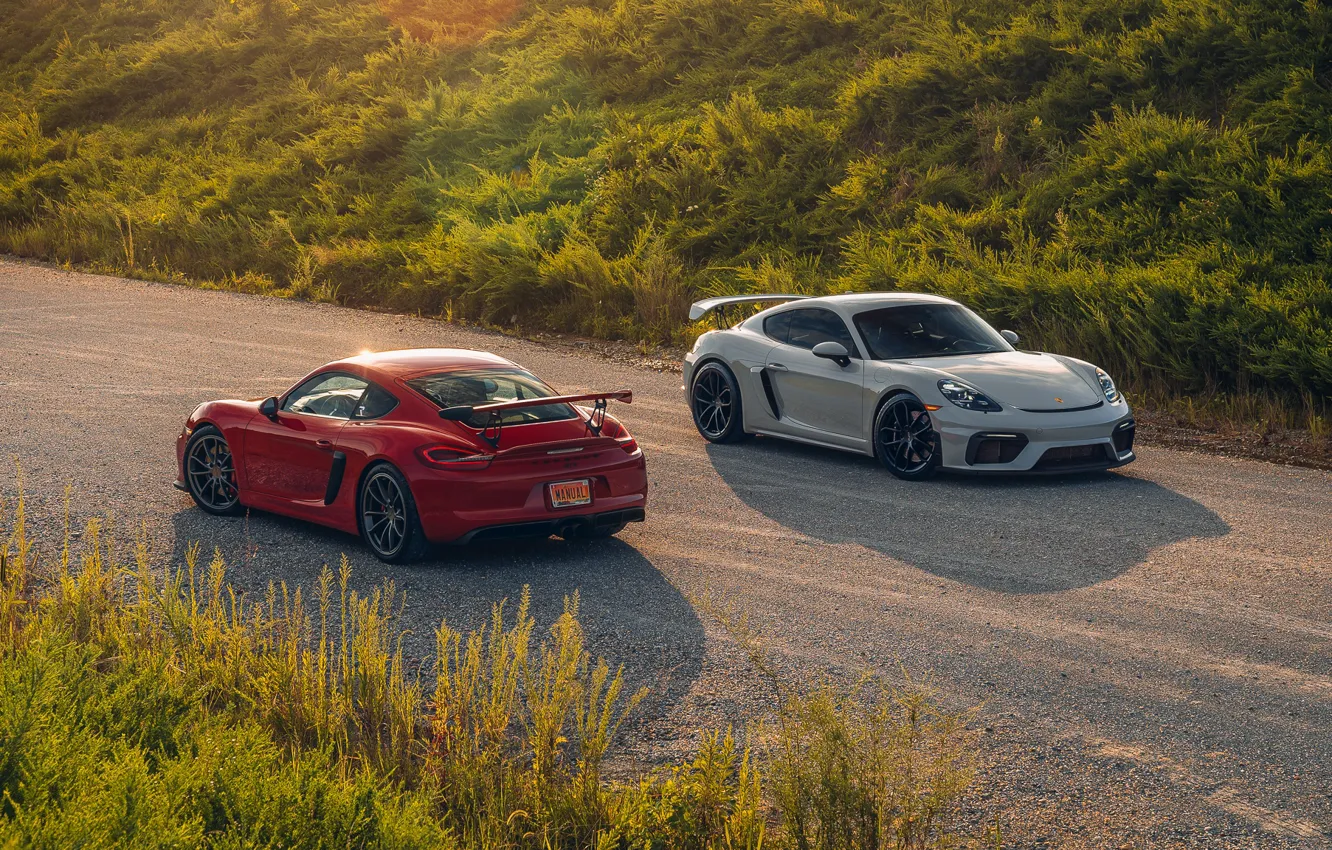 Photo wallpaper car, Porsche, road, field, sunlight, GT4, headlights, Taillights