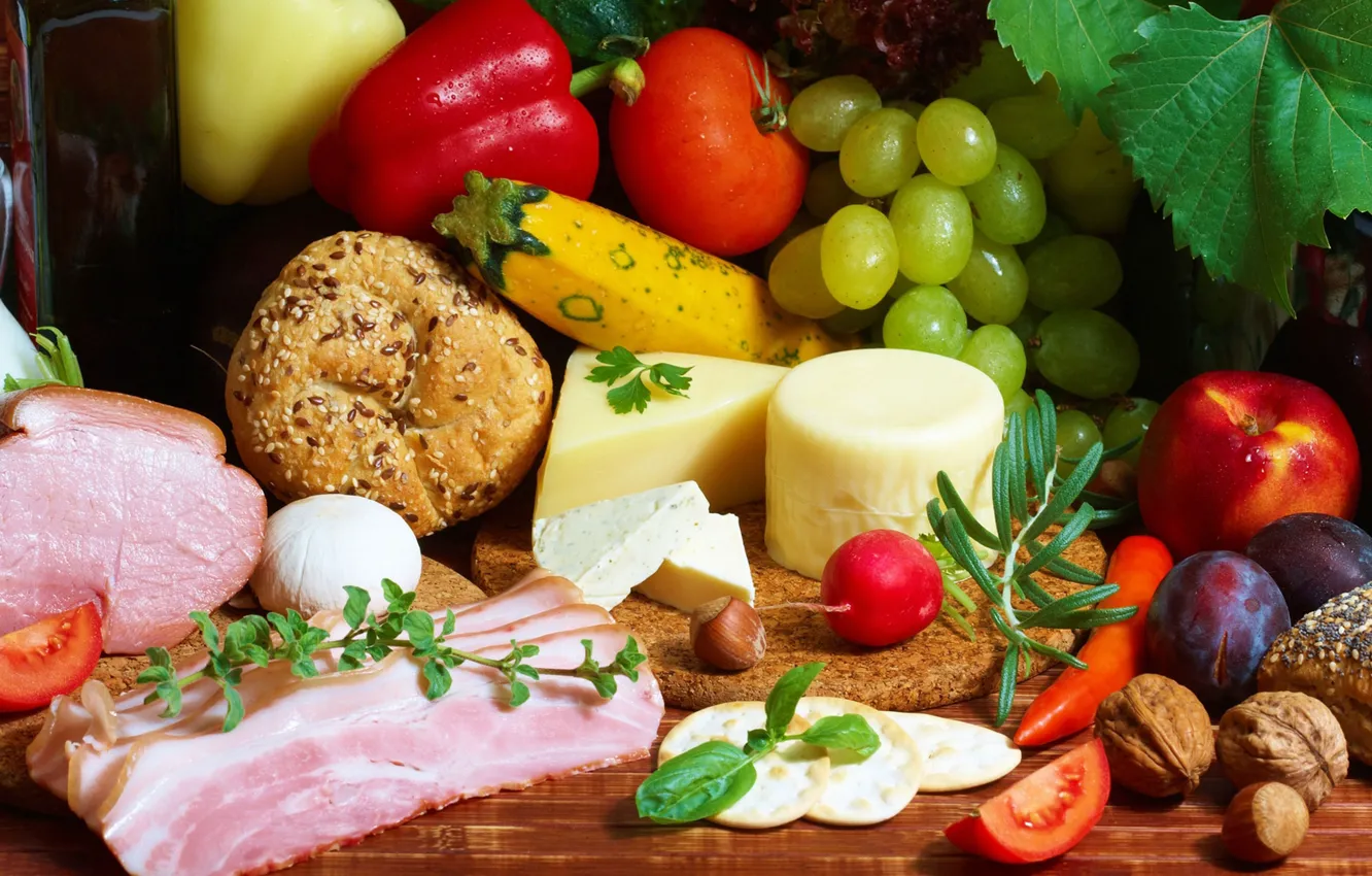Photo wallpaper cheese, grapes, bananas, meat, pepper, nuts, tomatoes, bacon