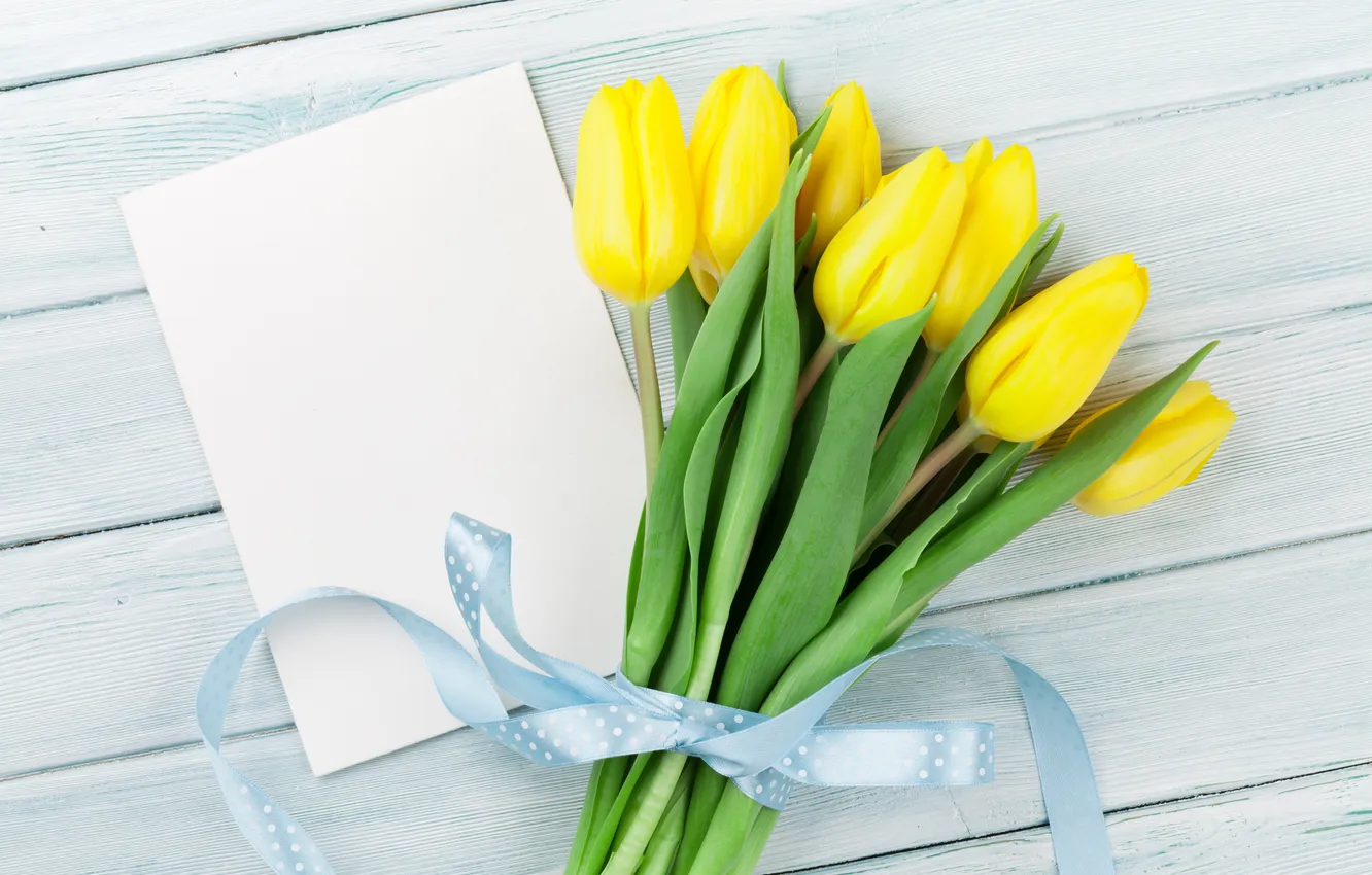 Photo wallpaper flowers, bouquet, tulips, yellow, wood, flowers, tulips, postcard