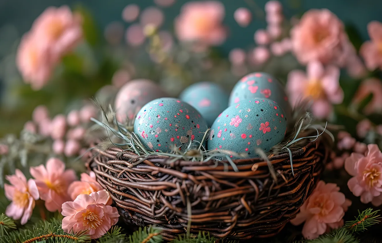 Photo wallpaper flowers, eggs, spring, colorful, Easter, flowers, spring, Easter