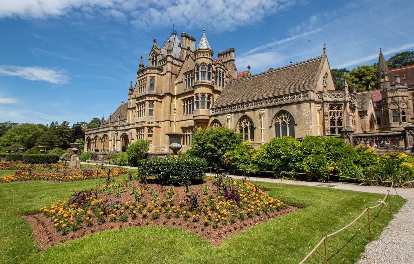 Photo wallpaper flowers, Park, England, building, home, garden, architecture, flowerbed
