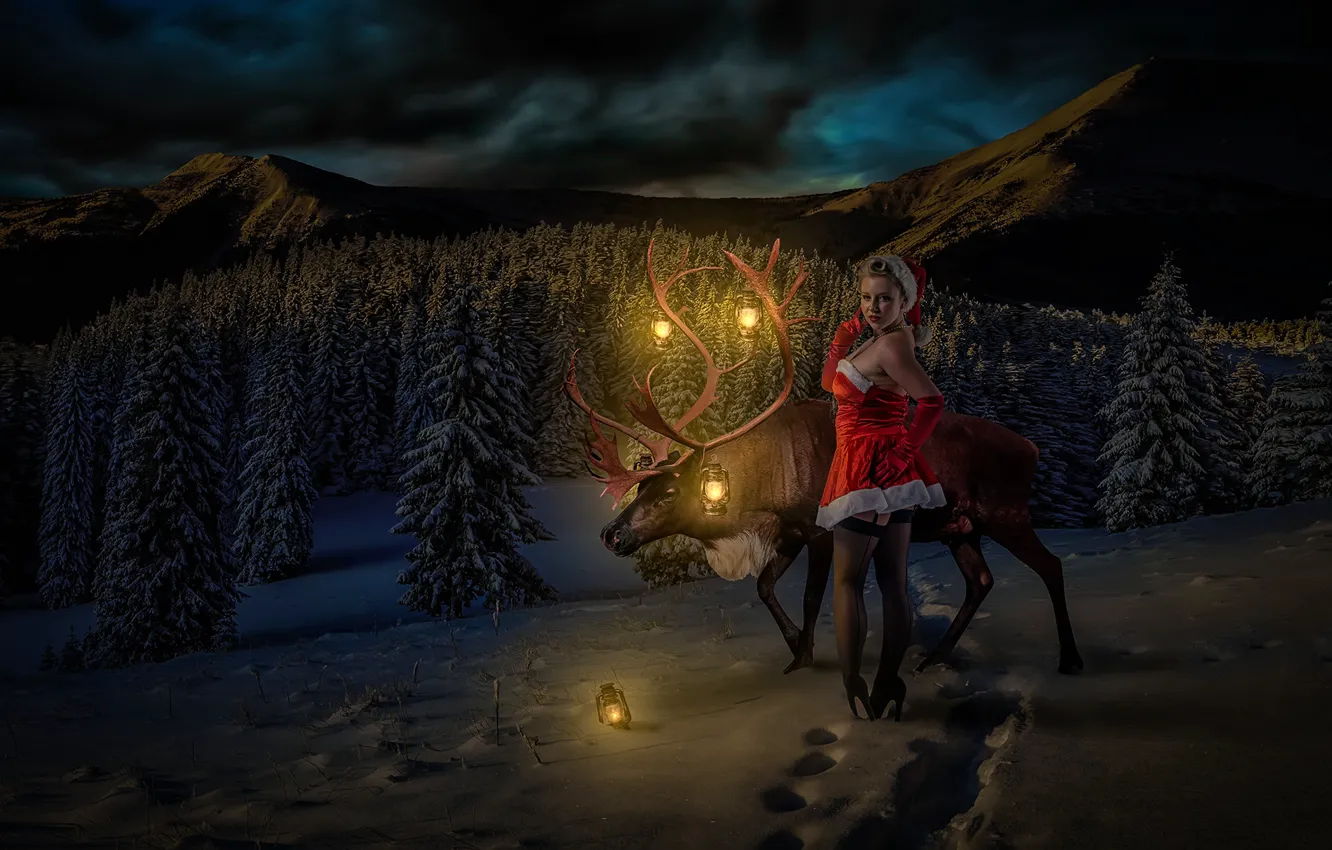 Photo wallpaper girl, deer, Winter Wonderland
