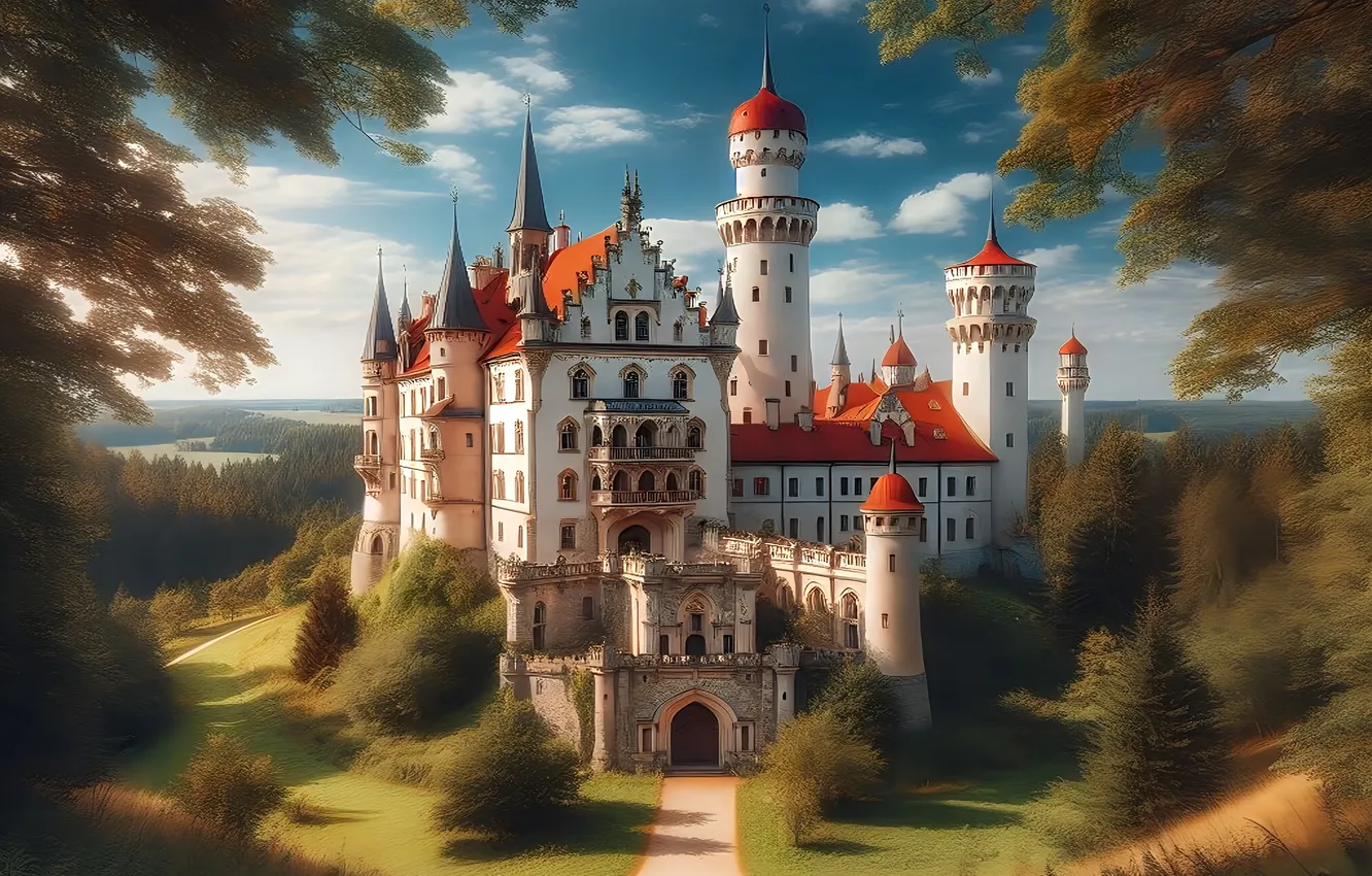 Photo wallpaper clouds, trees, branches, castle, fantasy, fabulous, AI art, neural network