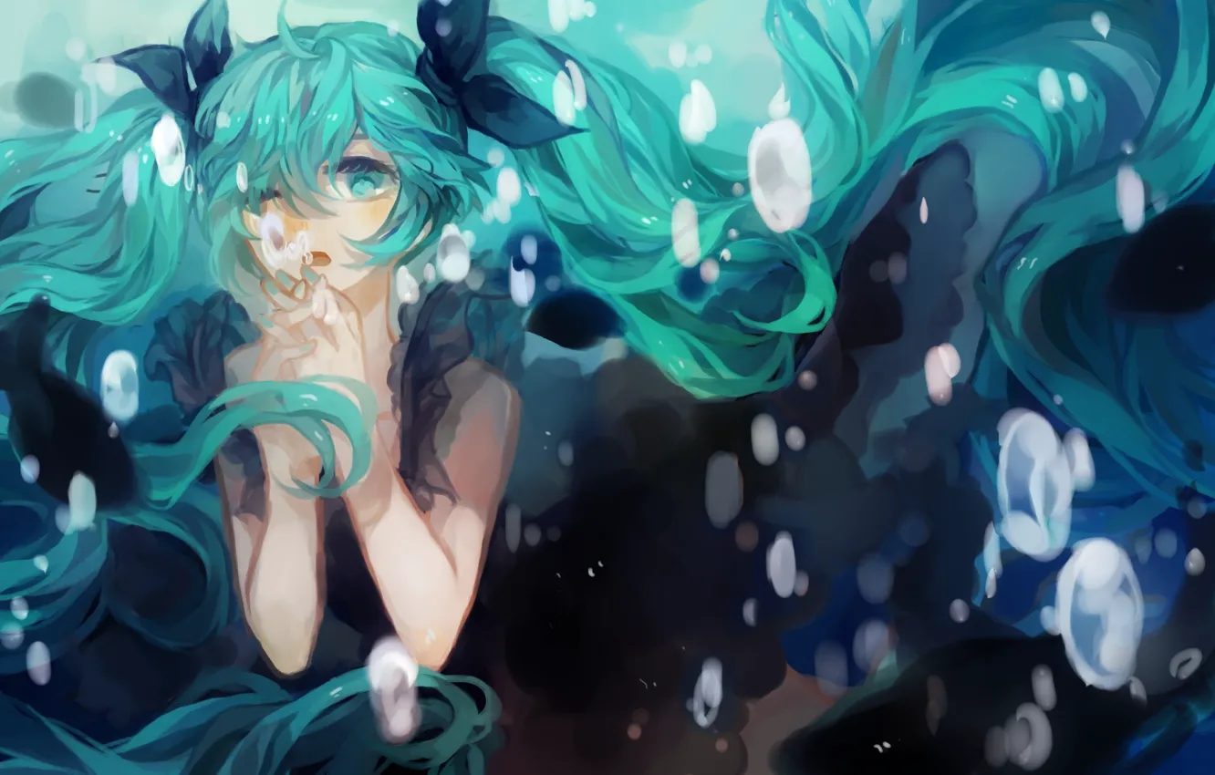 Photo wallpaper girl, bubbles, anime, art, vocaloid, hatsune miku, under water, bows