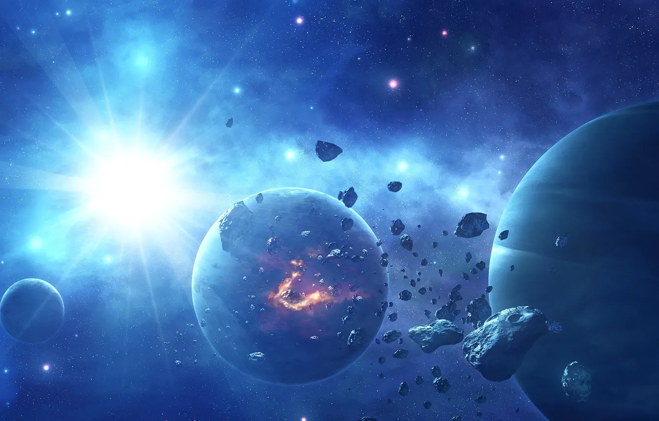 Photo wallpaper stars, bright, planet, asteroids, art