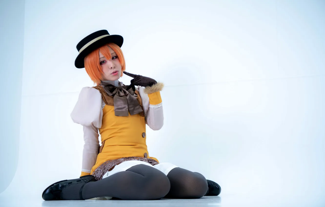 Photo wallpaper hat, Asian, red hair, light background, gesture, cutie, asian, sitting