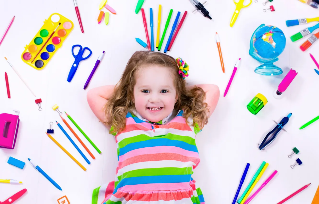 Photo wallpaper joy, smile, background, child, pencils, colorful, girl, handle
