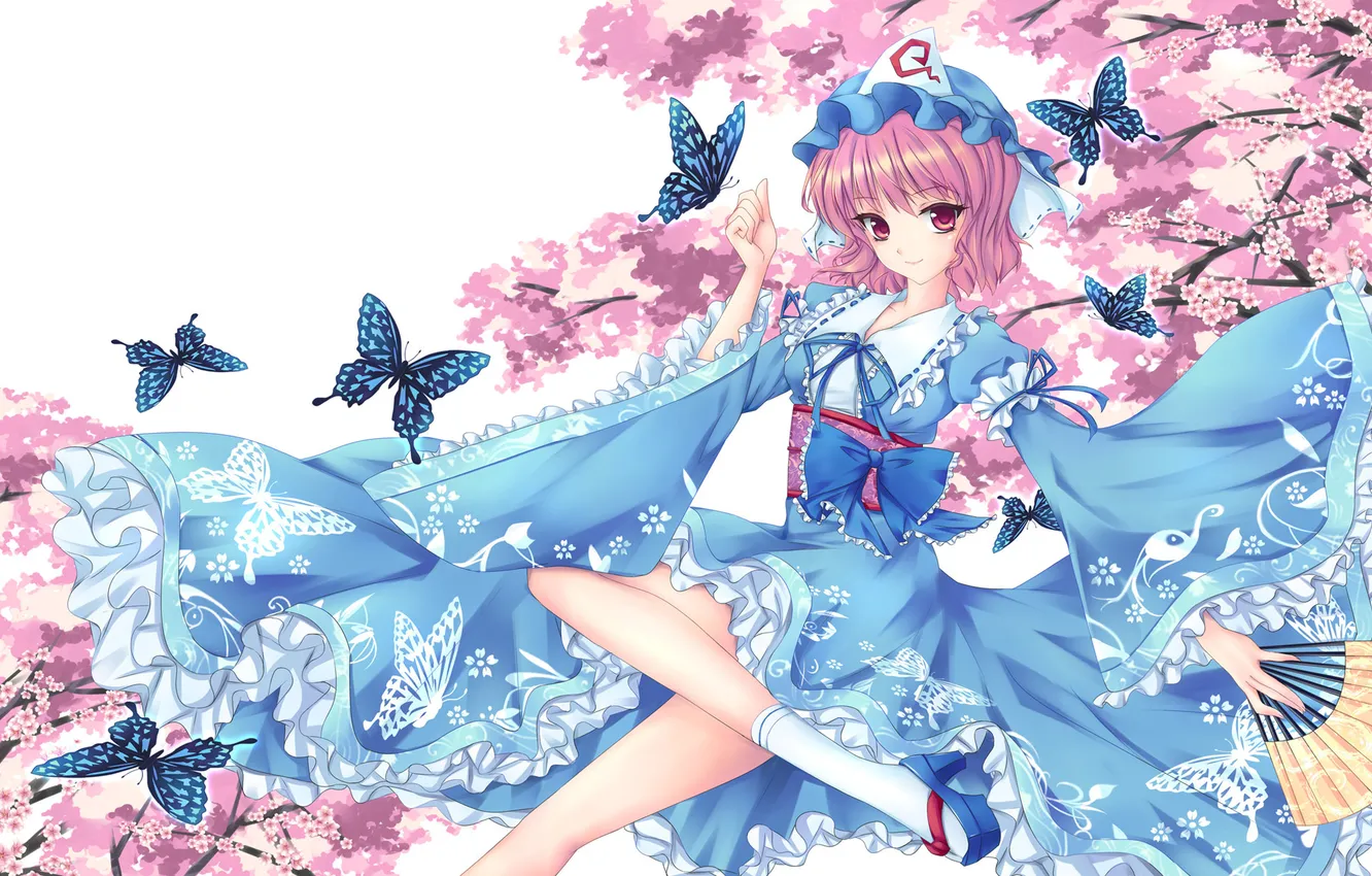 Photo wallpaper look, girl, smile, butterfly, Sakura, fan, touhou, art