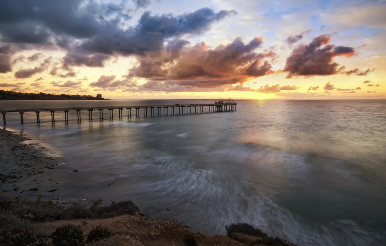 Photo wallpaper sea, clouds, sunset, shore, Marina, pier, pierce